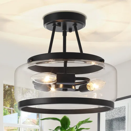 Vista 11 de Lámpara de techo semiempotrada dorada de 11.81 pulgadas, moderna lámpara de techo de tambor de cristal, lámpara de techo de 3 luces para pasillo