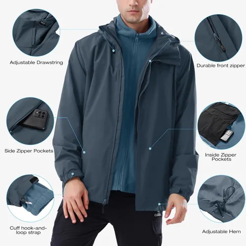 Vista 4 de CAMEL CROWN - Chaqueta de esquí para hombre 3 en 1, chaqueta de invierno impermeable para nieve, cortavientos, con capucha y forro polar cálido Gris