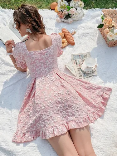 Vista 2 de Vestido hinchado rosa dulce para mujer, estampado floral, lazo frontal, vestido de hadas jacquard