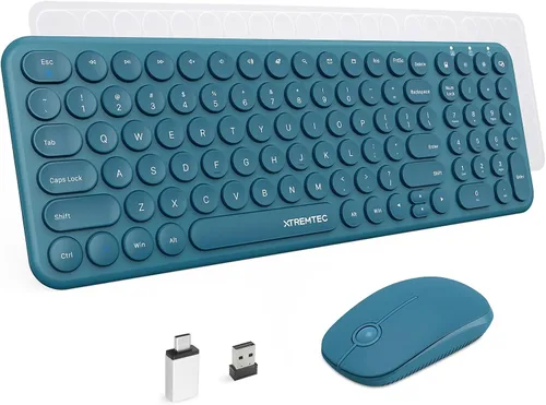 Vista 11 de Combo de teclado y mouse inalámbricos, 2.4 GHz, silencioso, delgado, lindo, redondo, tamaño compacto, color verde, Kawaii, juego de teclado retro