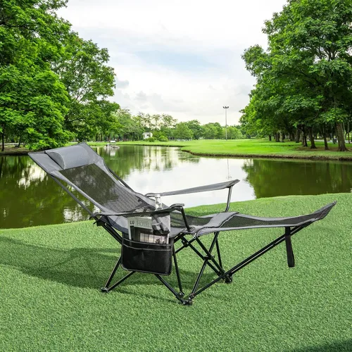 Vista 2 de GYMAX Silla de campamento, silla reclinable ajustable con reposapiés extraíble, almohada acolchada, portavasos y bolsillo lateral, silla plegable