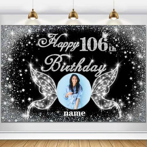 Vista 35 de Cartel personalizado de decoración de fiesta de cumpleaños número 100 - tema de alas de ángel - negro y plateado HY-NLK-100º