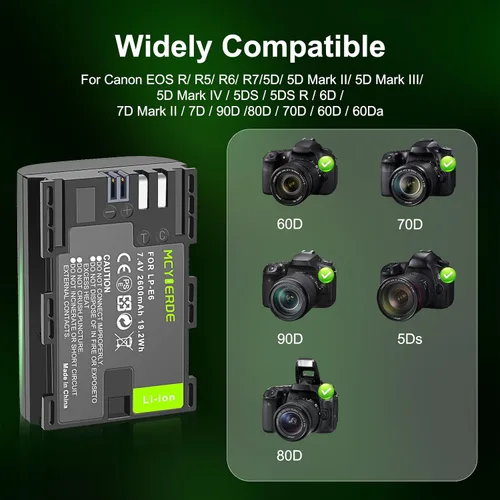 Vista 2 de Paquete de 2 baterías de repuesto LP-E6 LP-E6N compatibles con Canon EOS 60D 70D 80D 90D 5D Mark II III IV 5DS 6D R R5 C700 XC10 XC15