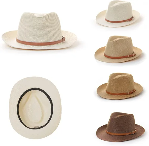 Vista 9 de TIALARTS Sombrero de paja Fedora para hombre y mujer, ala ancha, para verano, playa, paja para exteriores, sombrero cubano Trilby