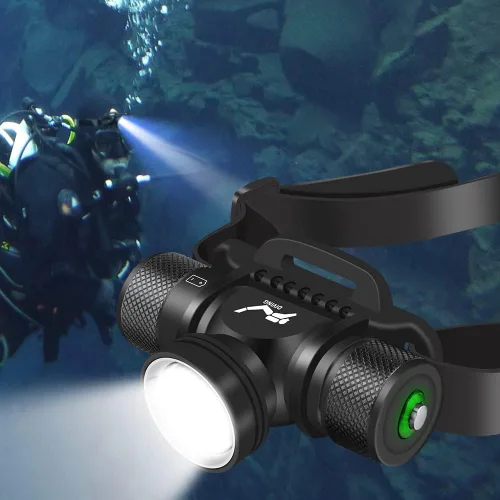 Vista 5 de LUXNOVAQ Linterna de buceo súper brillante recargable linterna IPX8 impermeable luz de buceo 5 modos submarina de seguridad lámpara de cabeza