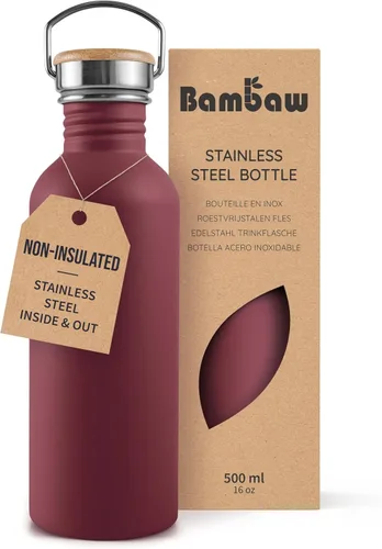 Vista 36 de Bambaw Botella de agua de acero inoxidable de 16 onzas, botella deportiva azul marino, no aislada, de pared simple, botella de agua pequeña de metal