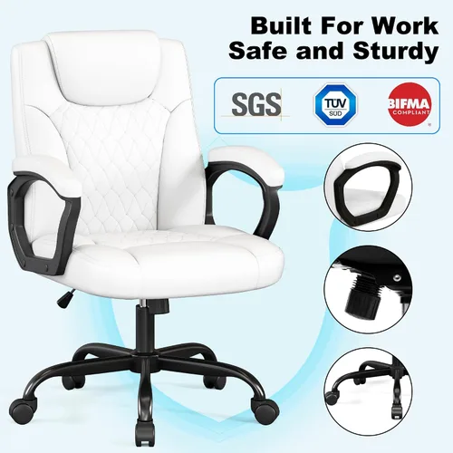 Vista 7 de Misolant Silla de oficina, silla de escritorio ejecutiva, cómodas sillas ergonómicas de piel sintética con reposabrazos fijo, altura ajustable Blanco