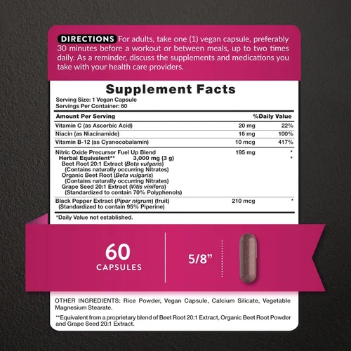 Vista 2 de Nature's Truth Cápsulas de raíz de remolacha 60 unidades Óxido nítrico para hombres y mujeres Suplemento vegano, sin OMG y sin gluten