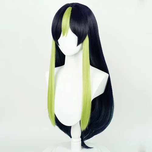Vista 3 de Uniquebe Tighnari - Peluca de cosplay, pelucas largas y rectas de color azul marino oscuro mezclado con verde para niñas, mujeres y hombres