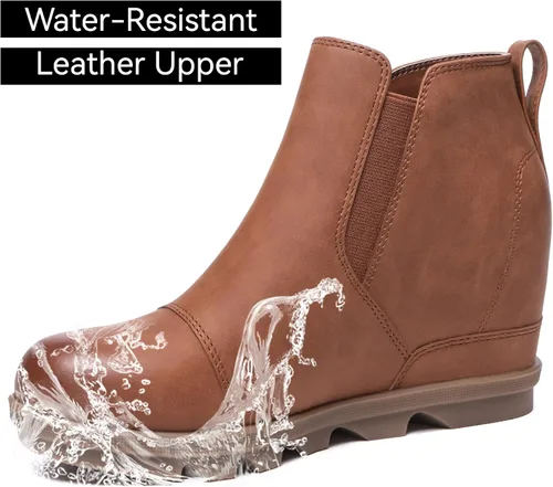 Vista 4 de Athlefit Botines de cuña para mujer, cómodos y sin cordones, de cuero, con plataforma