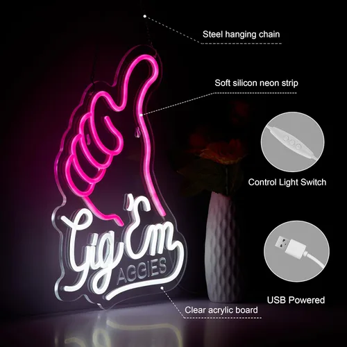 Vista 4 de ZODZ Gig EM Aggies Texas - Letrero de neón para decoración de pared, Gig EM Texas con luz LED de neón regulable (rosa y blanco)