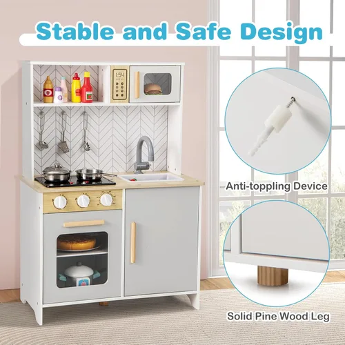 Vista 5 de Costzon Juego de cocina para niños, cocina de madera con luces y sonidos, estufas, fregadero, grifo, microondas, horno y accesorios de cocina, juego