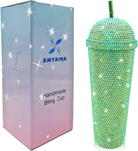 Vista 8 de Vaso de 24 onzas con diamantes de imitación hechos a mano con tachuelas, botella de agua reutilizable de plástico con doble pared con tapa y pajitas