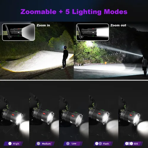 Vista 4 de Linterna frontal recargable LED súper brillante de 1200 lúmenes, lámpara frontal con 9 modos de iluminación, ajustable a 90° e impermeable IP67