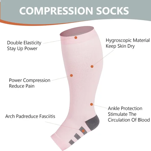 Vista 4 de Abodhu Calcetines de compresión de talla grande con punta abierta para mujeres y hombres, 15-20mmHg pantorrilla ancha hasta la rodilla, calcetines