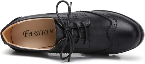 Vista 6 de DADAWEN - Zapatos clásicos de cuero para mujer, con cordones, de tacón medio cuadrado y grueso con plataforma y puntera, para pantalones oxford
