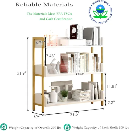 Vista 3 de Estantería de Libros Abierta y Amplia - Moderna Estantería de Libros de Exhibición de Pie de 3 Niveles con Paneles de Tres Lados para Hogar y Blanco
