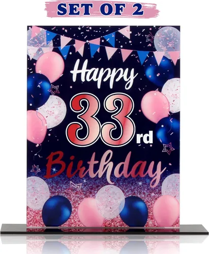 Vista 114 de LINGTEER Decoraciones de feliz cumpleaños número 11, 2 piezas de soporte de acrílico con impresión de pie rosa y azul, tablero de telón de fondo