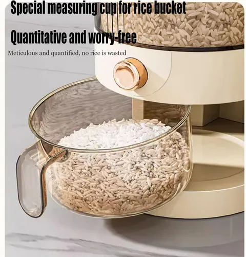 Vista 3 de Peaoop Dispensador de arroz de 11 libras, gran contenedor de almacenamiento de granos con tapa, cilindro de medición para el hogar, dispensador