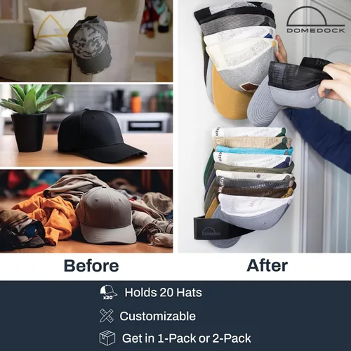 Vista 2 de Dome Dock The Original USA Made - Perchero y organizador compacto de sombreros para instalación en pared, capacidad para 20 sombreros, color negro