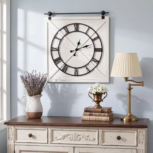 Vista 7 de FLORA Reloj de pared grande de granja, reloj de pared rústico con puerta