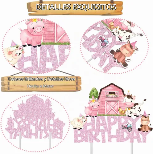 Vista 4 de Decoración rosa para tartas de animales de granja, animales de granja, decoración de fiesta de cumpleaños, decoración de pastel de cumpleaños