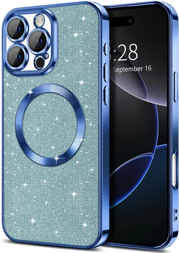Vista 8 de Hython para iPhone 16 Funda con chispas brillantes, fundas transparentes magnéticas con protector de lente de cámara [Compatible con MagSafe]