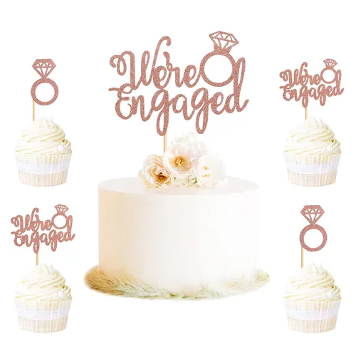 Vista 11 de Ercadio Paquete de 25 adornos para cupcakes con texto en inglés "We are Engaged", anillo con purpurina, para despedida de soltera, para boda Oro