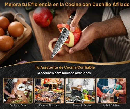 Vista 7 de XINZUO Cuchillo de cocina para pelar, cuchillo de acero de Damasco súper afilado de 5 pulgadas, cuchillo de frutas, mango de madera de Pakkawood