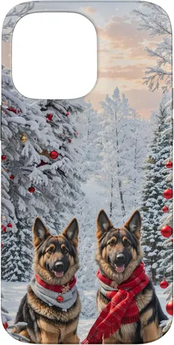 Vista 21 de iPhone 16 Lindo perro pastor alemán en paisaje nevado feliz Navidad caso