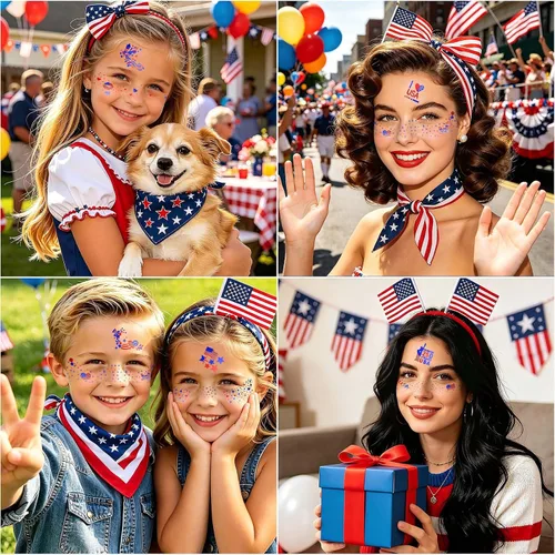 Vista 5 de 28 tatuajes faciales de pecas del 4 de julio, con purpurina, rojo, blanco, azul, bandera de Estados Unidos, estrellas, tatuajes patrióticos