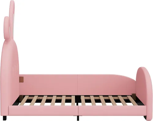 Vista 6 de Bellemave Cama de plataforma tapizada tamaño individual con cabecera en forma de conejo, cama de princesa rosa para niñas, marco bajo con riel