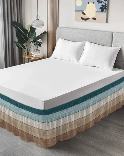 Vista 3 de Falda de cama marrón verde azulado, tamaño Queen de 16 pulgadas de caída, ajustable y elástica envolvente, plisada, con volantes de polvo de lujo