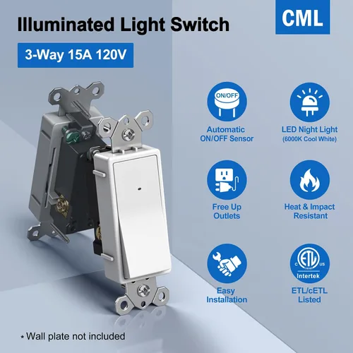Vista 2 de CML - Interruptor de luz iluminada de 3 vías, interruptor de pared basculante decorativo con luz nocturna guía LED, interruptor de paleta de 15 A