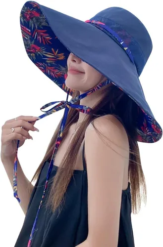Vista 8 de Sombreros de sol de ala extra ancha de 6 pulgadas con protección UV UPF 50+ y correa para sombrero de playa para mujer
