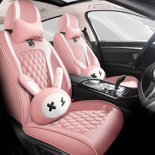 Vista 11 de Juego de fundas para asiento de lindo conejito, 5 piezas con cuero PU impermeable para autos, SUV, camionetas, ajuste universal (Beige)