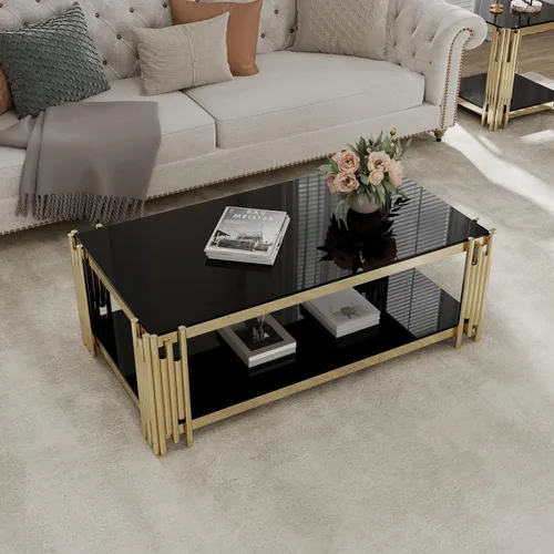 Vista 19 de Mesa de centro rectangular moderna de vidrio con parte superior de cristal templado negro y marco de acero inoxidable para sala de estar