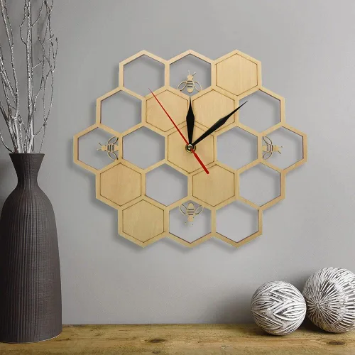 Vista 5 de XDG Reloj de pared de madera natural con diseño de abejas y panal de abeja, arte de pared, diseño de abeja, miel, contemporáneo, para decoración