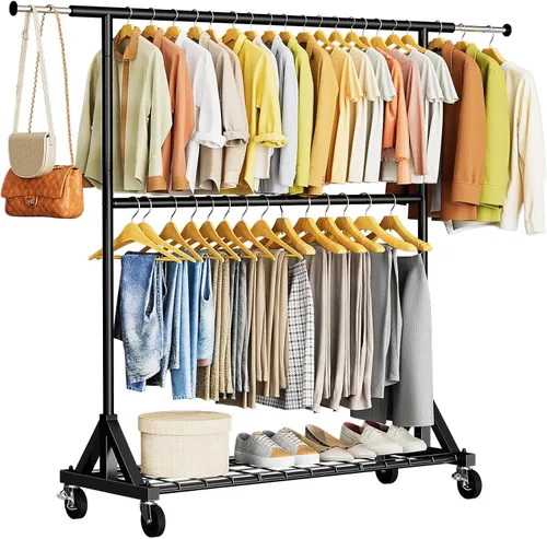 Vista 9 de Luxspire Perchero de doble barra para colgar ropa, perchero con ganchos laterales, estantes inferiores, ruedas de 360°, percheros para dormitorio