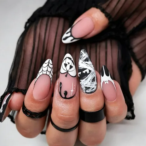 Vista 47 de Uñas postizas a presión medianas con diseño geométrico blanco almendra – 24 uñas postizas reutilizables de ABS brillante, fácil de aplicar, juego