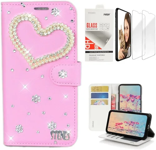 Vista 11 de Bling - Funda de piel tipo cartera compatible con Samsung Galaxy S21 Ultra - Elegante - 3D hecha a mano con colgante de hojas de lujo con protector
