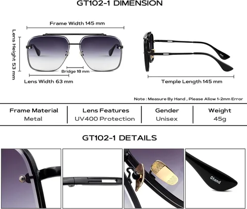 Vista 5 de Gtand Gafas de sol cuadradas de gran tamaño con degradado de aviador para hombres y mujeres gafas de sol de metal vintage de 2480in