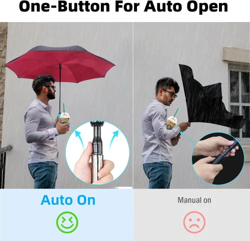 Vista 3 de LFLFWY Inverted Reverse Upside Down Umbrella - 49 inch AutoManual Open Large Double Canopy Design Windproof Stick Umbrellas rain Waterproof Golf