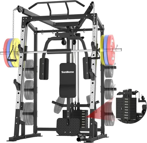 Vista 10 de SunHome Smith Machine, soporte para sentadillas Power Cage con barra Smith, sistemas de tracción LAT, máquina cruzada de cables y accesorio de cable