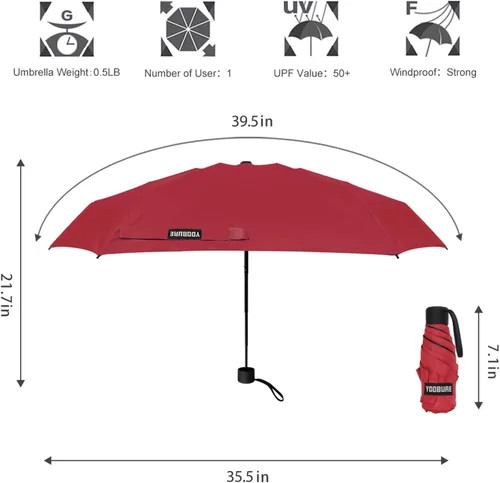 Vista 2 de Yoobure Mini paraguas pequeño con estuche ligero diseño compacto perfecto para viajes, ligero y portátil, sombrilla para sol y lluvia al aire libre