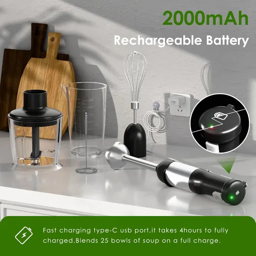 Vista 4 de Batidora de mano de inmersión inalámbrica, 5 en 1, velocidad variable, de mano, recargable con batería de 2000 mAh, sin BPA y accesorios aptos