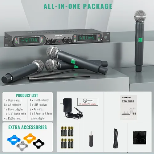 Vista 5 de Phenyx Pro Sistema de micrófono inalámbrico, micrófono inalámbrico UHF de 4 canales (PTU-5000-4H) con cable XLR Snake de 3 pies
