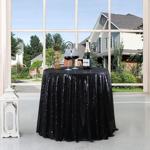 Vista 7 de Manteles redondos de lentejuelas negros para fiestas, de 121,9 cm, mantel redondo de purpurina ajustado, pequeño, lindo y dulce, para boda