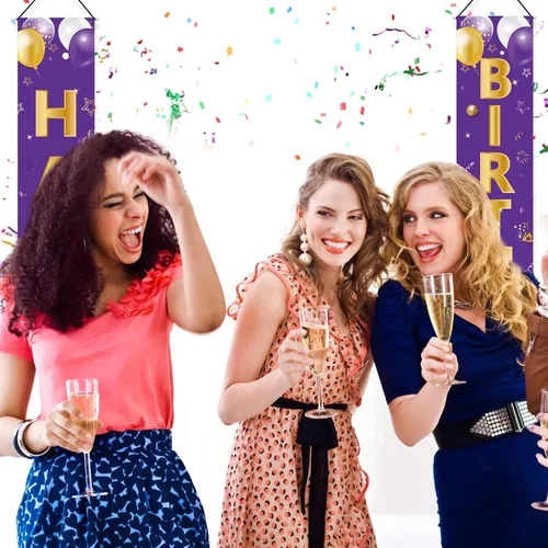 Vista 4 de Cartel de feliz cumpleaños dorado morado para puerta, letrero de feliz cumpleaños, suministros de fiesta para niñas y mujeres, 16, 21, 30, 40, 50
