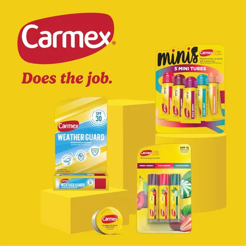 Vista 4 de Carmex Paquete de bálsamo labial medicado clásico, hidratante labial para labios agrietados, paquete variado de 9 unidades (2 tubos, 7 palos)